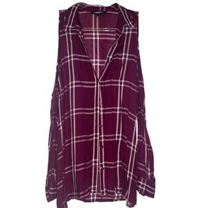 Express Burgundy Plaid Cold Shoulder Button Down Blouse